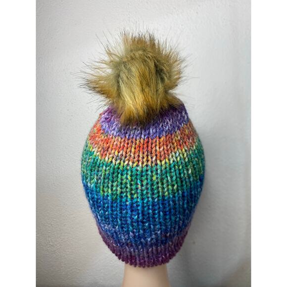 Beanie Hat Adult Purple Stripe Cuff Boho Slouchy Knitted Winter Ski Handmade - Picture 7 of 13